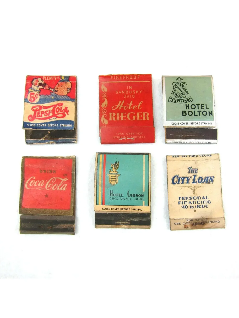 6 Vintage Matchbook Covers Pepsi Cola Double Dot Coca Cola Hotel Rieger Bolton